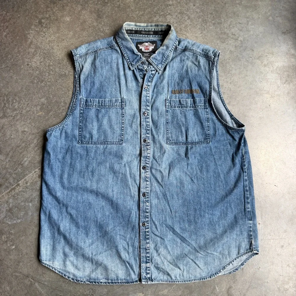 Harley Davidson Embroidered Motorcycle Denim Vest Button Front Mens L Sleeveless